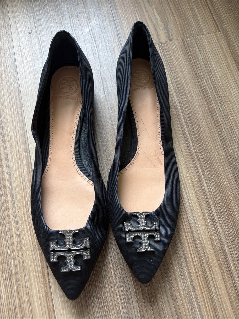 Tory Burch Black Pointed Toe Flats with Crystal Logo